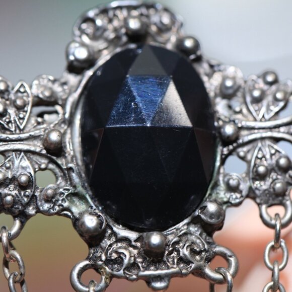 il_fullxfull.3024418062_bcg2.jpg Vintage Gothic Revival Black Glass Brooch Chain Drape Statement